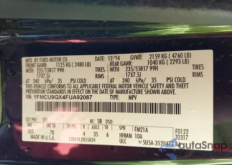 2015 Ford Escape Se из США, поврежденный, VIN 1FMCU9GX4FUA92087